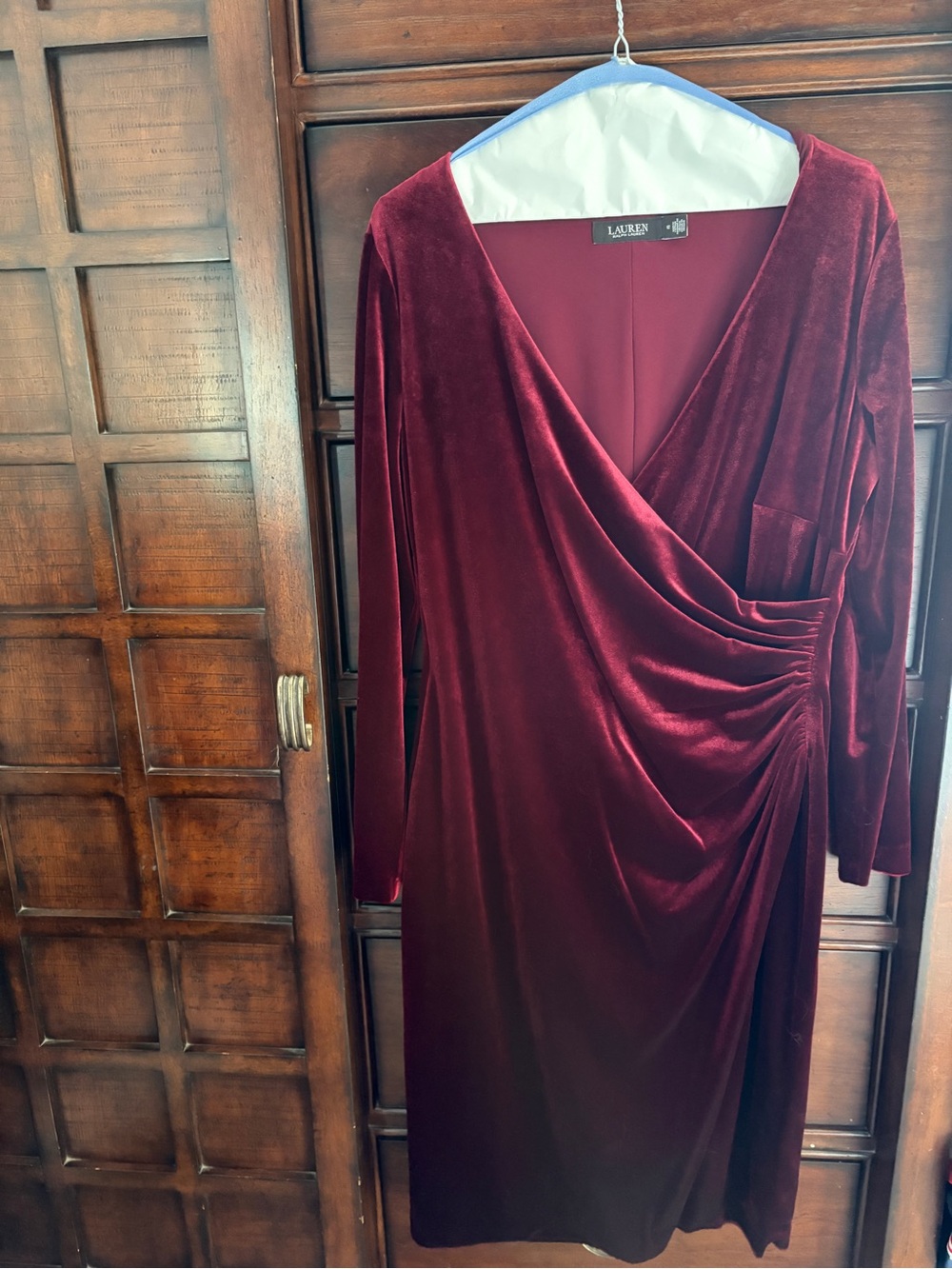 Ralph Lauren Deep Burgundy Velvet Wrap-Style Long Sleeve Dress
